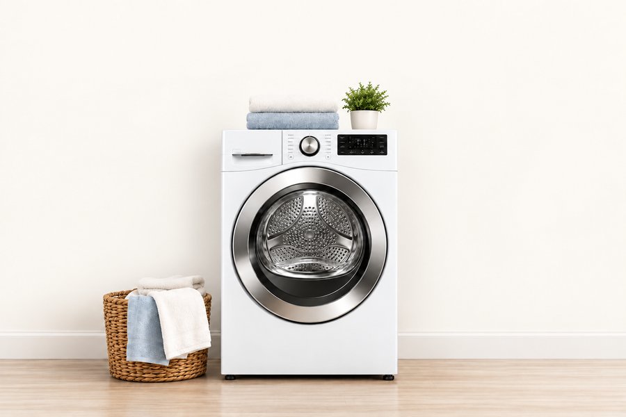Clean white dryer in a laundry room